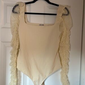 Free People Cream Bodysuit with Sheer Ruffle Sleeves
